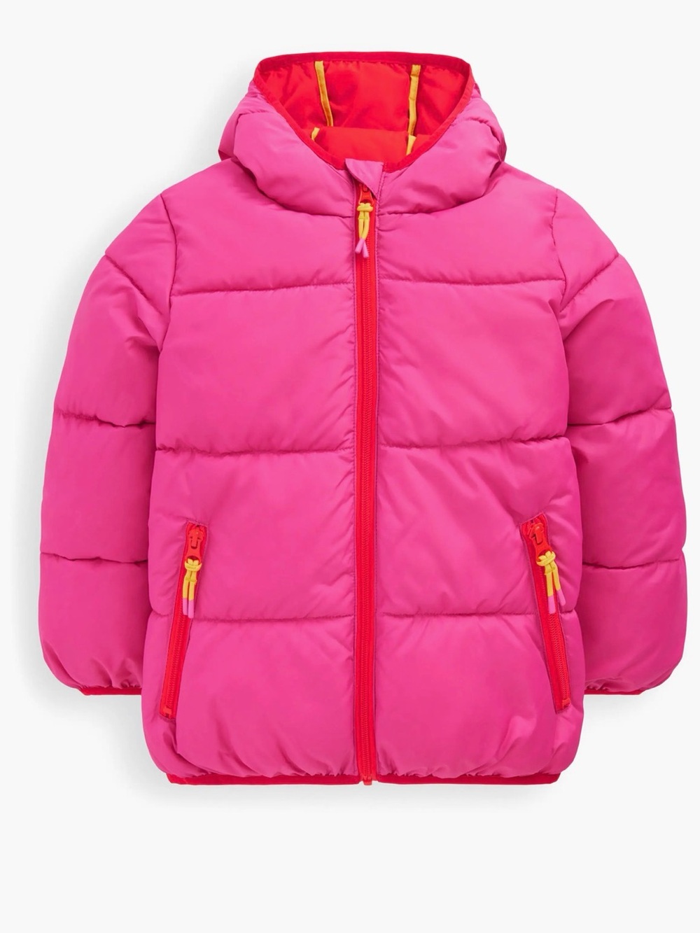 Mini Boden Bright Pink Hooded Puffer Jacket with Yellow Accents